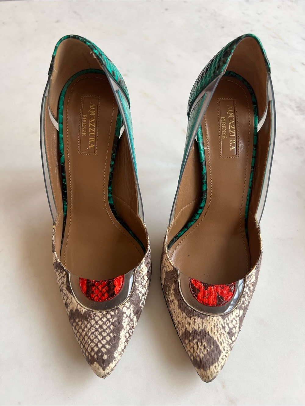 Aquazzura Positano Python (Size 37) - Green, Brown and Red Accent Python